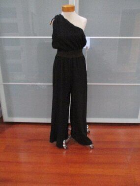 Lumiere One Shoulder Smocked Waist Wide Leg Jumpsuit Romper